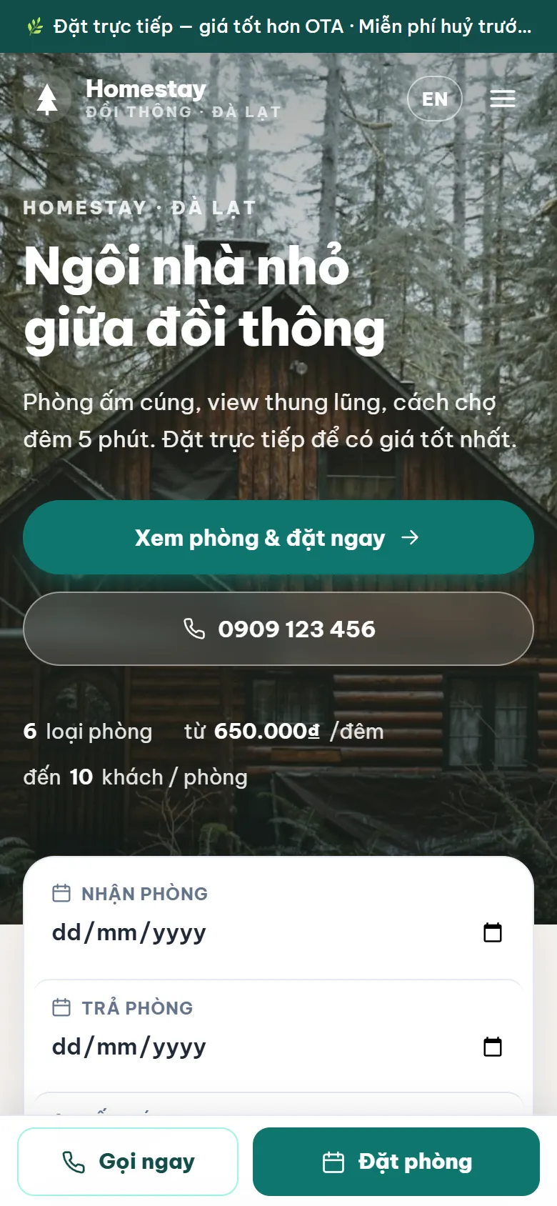 Mẫu website Homestay / Villa trên điện thoại